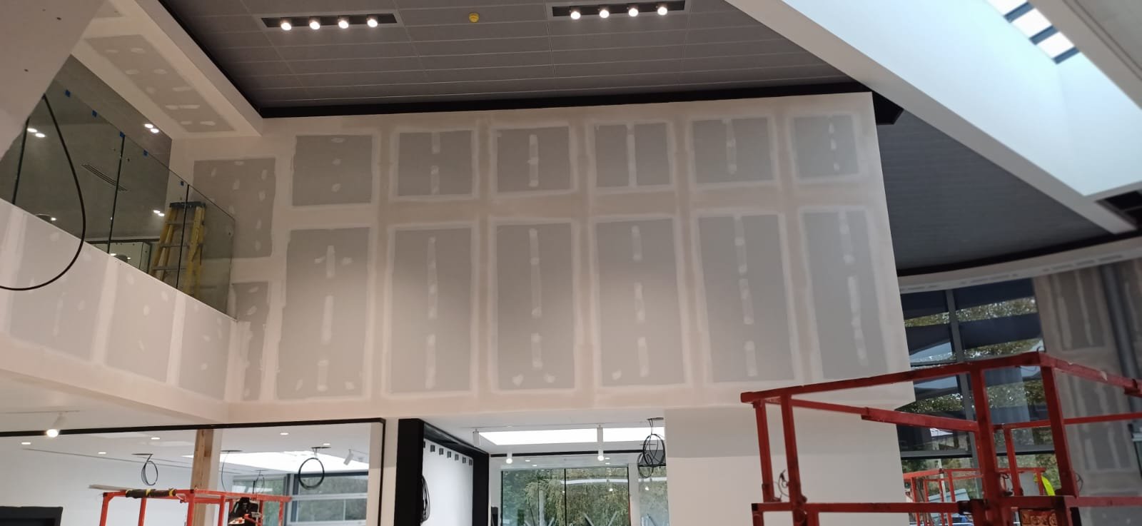 Metal frame ceiling system under construction