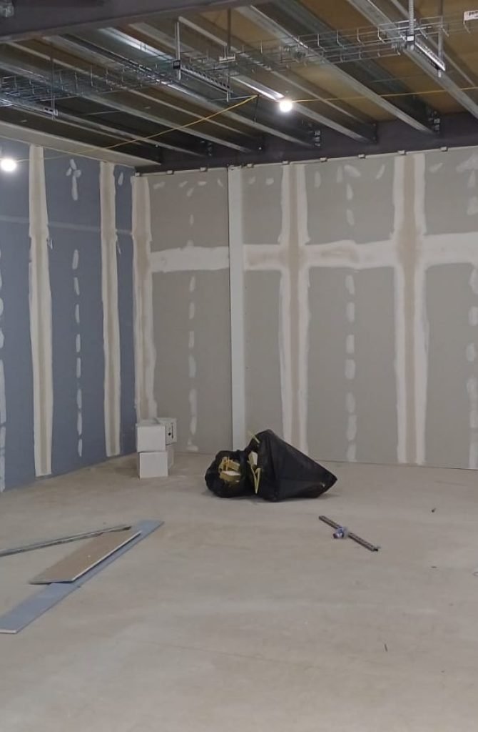 Drylining work progressing through a building interior